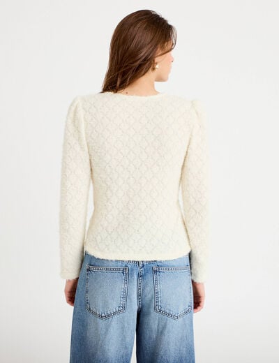 Gilet duveteux manches longues col rond ecru femme