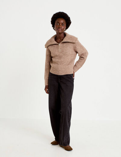 Pull col camionneur manches longues beige femme