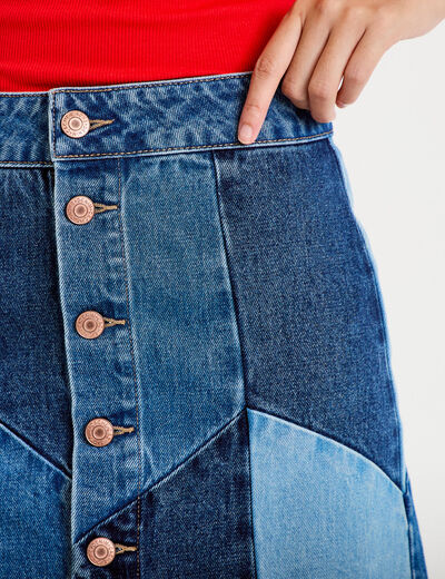 Jupe courte &eacute;vas&eacute;e taille haute en jean denim double stone femme