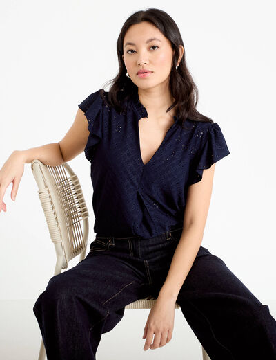 Blouse ajour&eacute;e col v manches courtes bleu marine femme