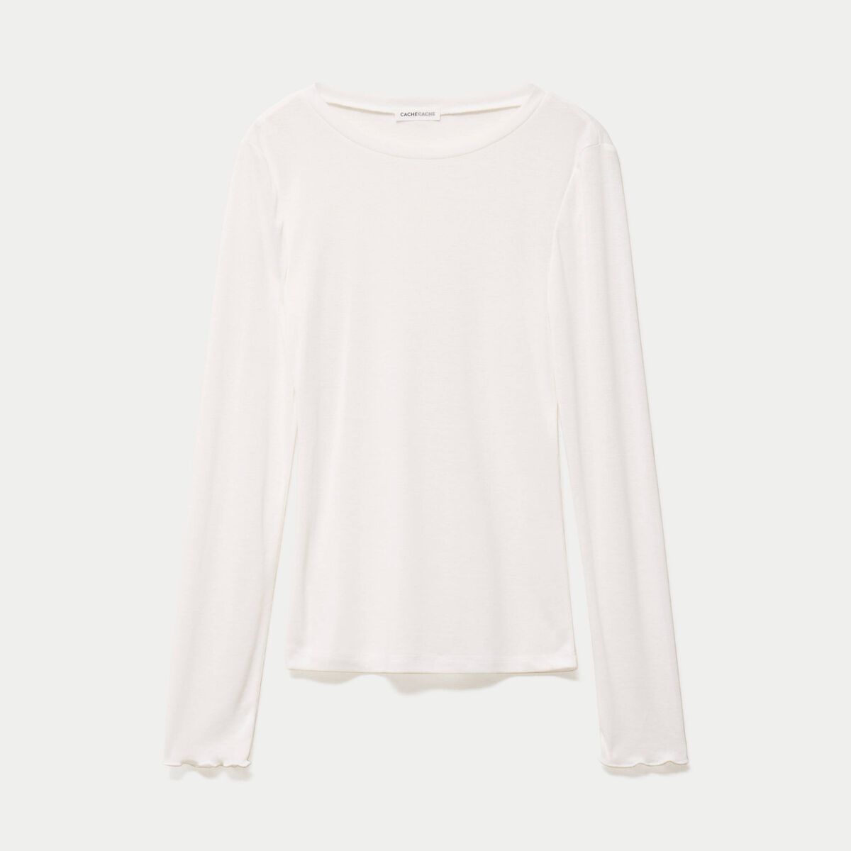 T-shirt ajust&eacute; col rond manches longues ecru femme