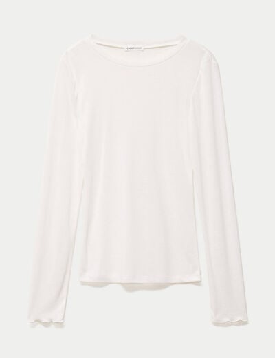 T-shirt ajust&eacute; col rond manches longues ecru femme