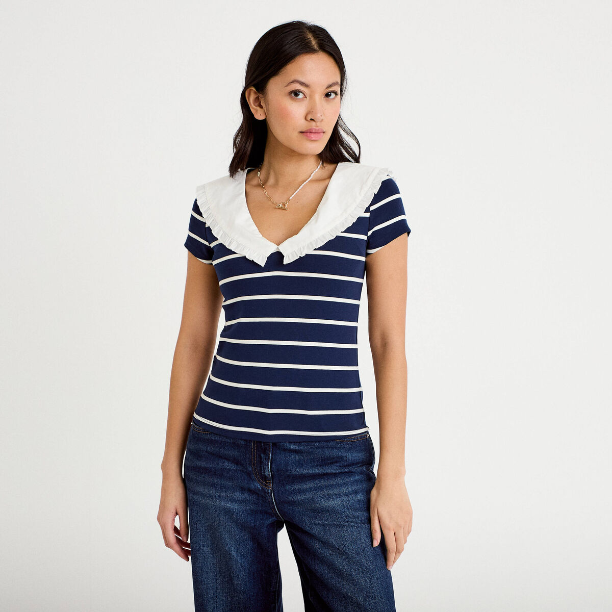 T-shirt col marin &agrave; volants ecru femme
