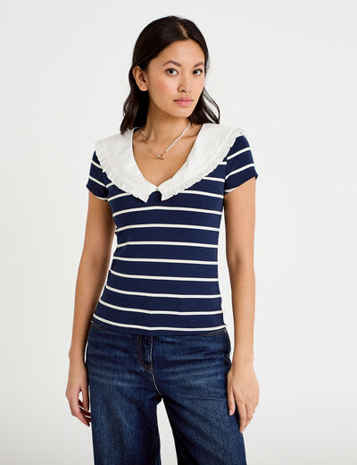 T-shirt col marin &agrave; volants ecru femme