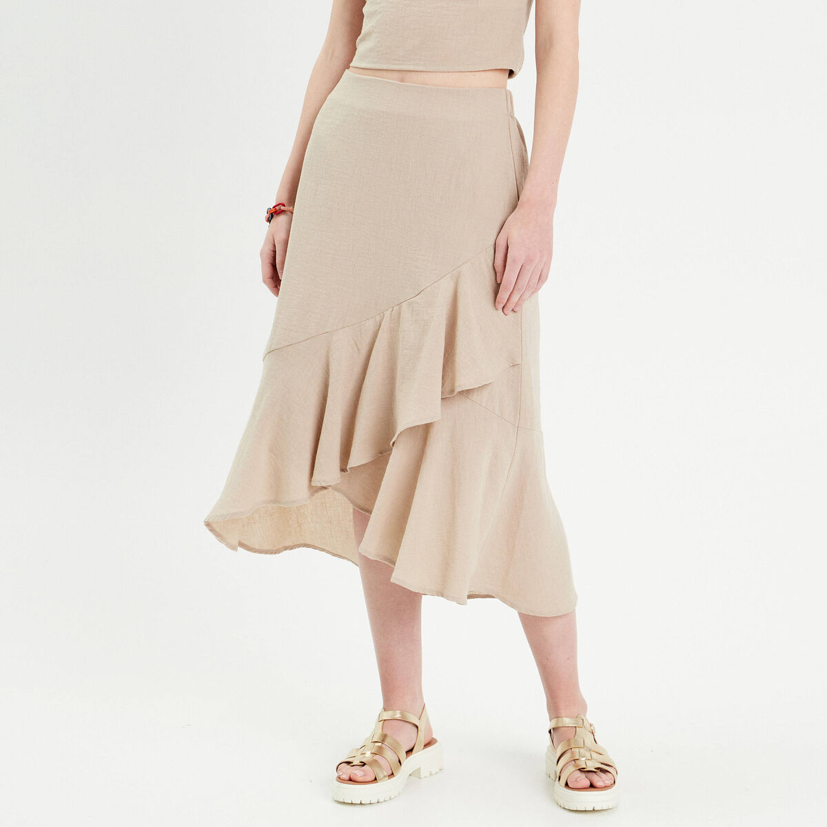 Jupe longue trap&egrave;ze volants beige femme
