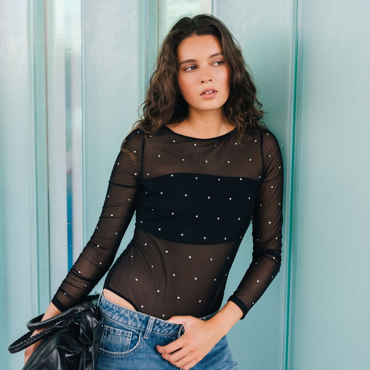 Body ajust&eacute; manches longues col bateau noir femme