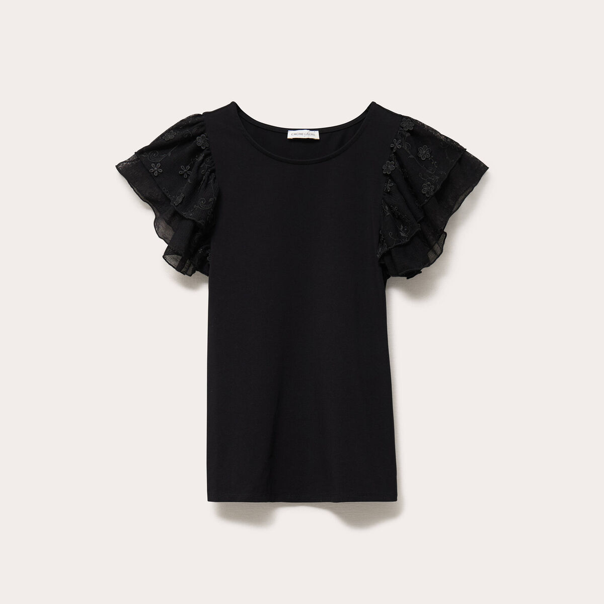 T-shirt ajust&eacute; dentelle col rond noir femme