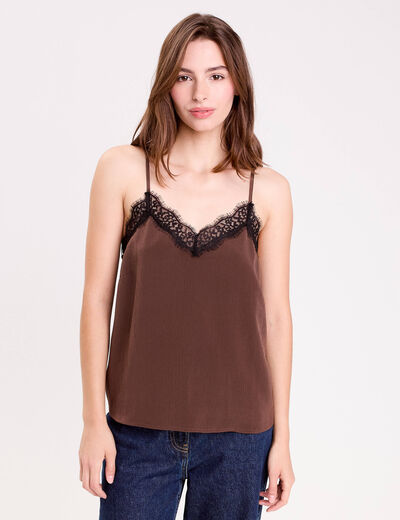 Top ajust&eacute; col v fines bretelles marron fonc&eacute; femme