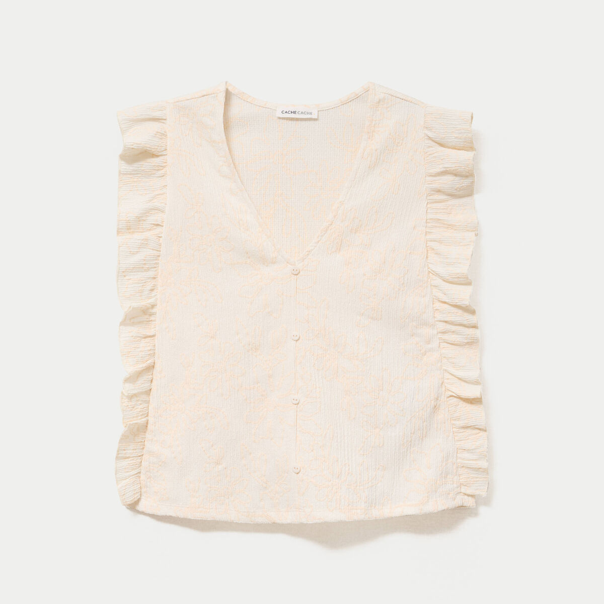 T-shirt sans manches col v brod&eacute; ecru femme