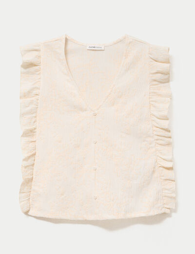 T-shirt sans manches col v brod&eacute; ecru femme