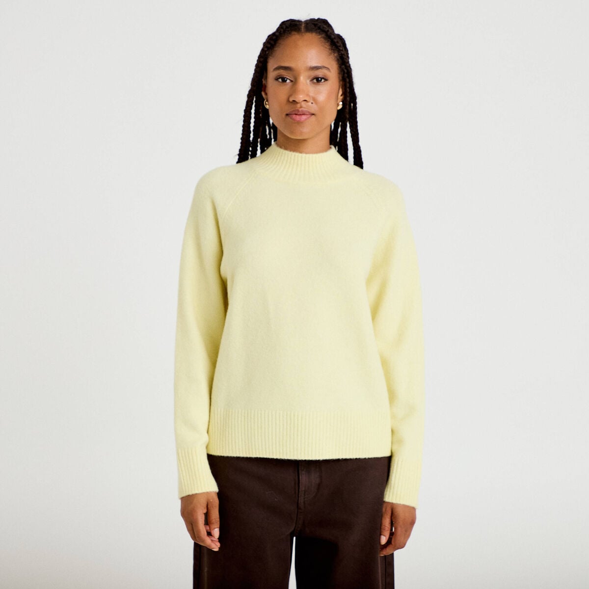 Pull col montant manches longues jaune clair femme