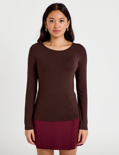 T-shirt uni &agrave; manches longues marron fonc&eacute; femme