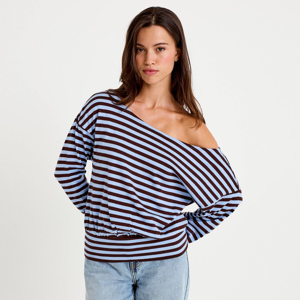 T-shirt col bateau manches longues bleu femme