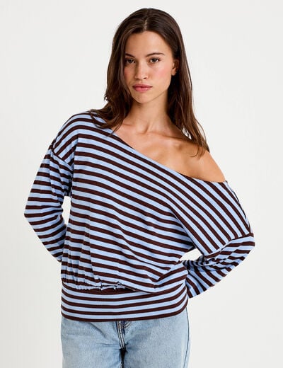 T-shirt col bateau manches longues bleu femme