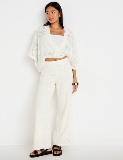 Pantalon large taille haute ecru femme