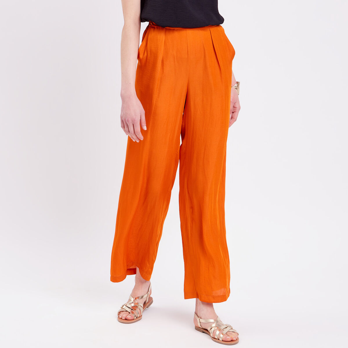 Pantalon city large satin orange femme
