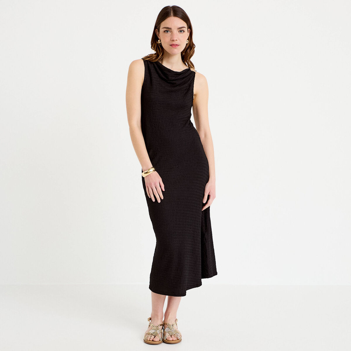 Robe midi droite sans manches en maille noir femme