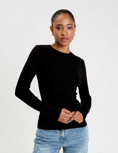 T-shirt cintr&eacute; col rond manches longues noir femme