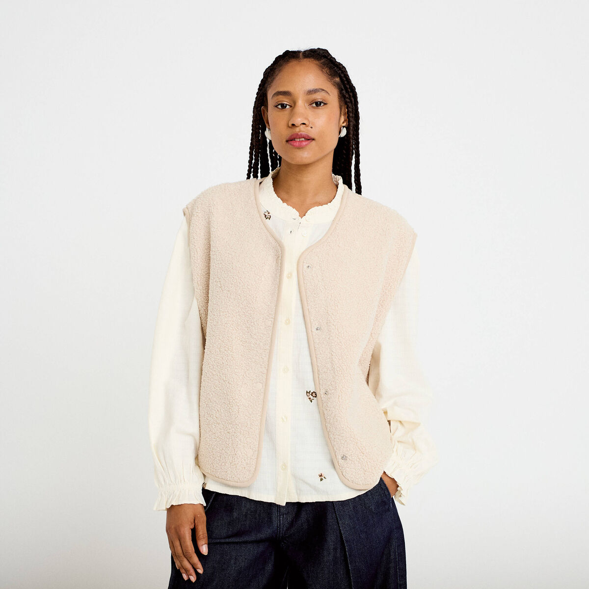 Gilet sans manches effet polaire ecru femme