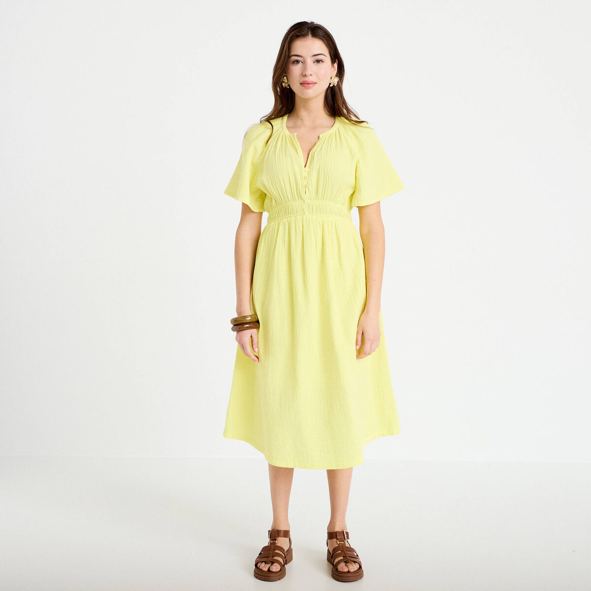 Robe midi pliss&eacute;e col v manches courtes jaune citron femme