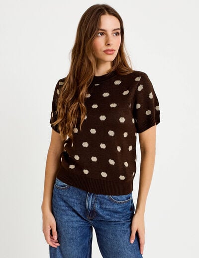Pull cintr&eacute; col rond manches courtes marron fonc&eacute; femme
