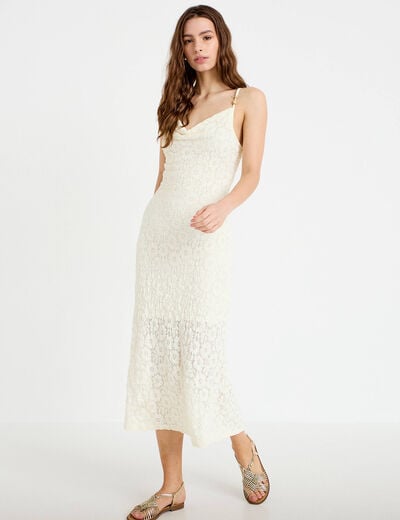 Robe longue droite en maille ecru femme