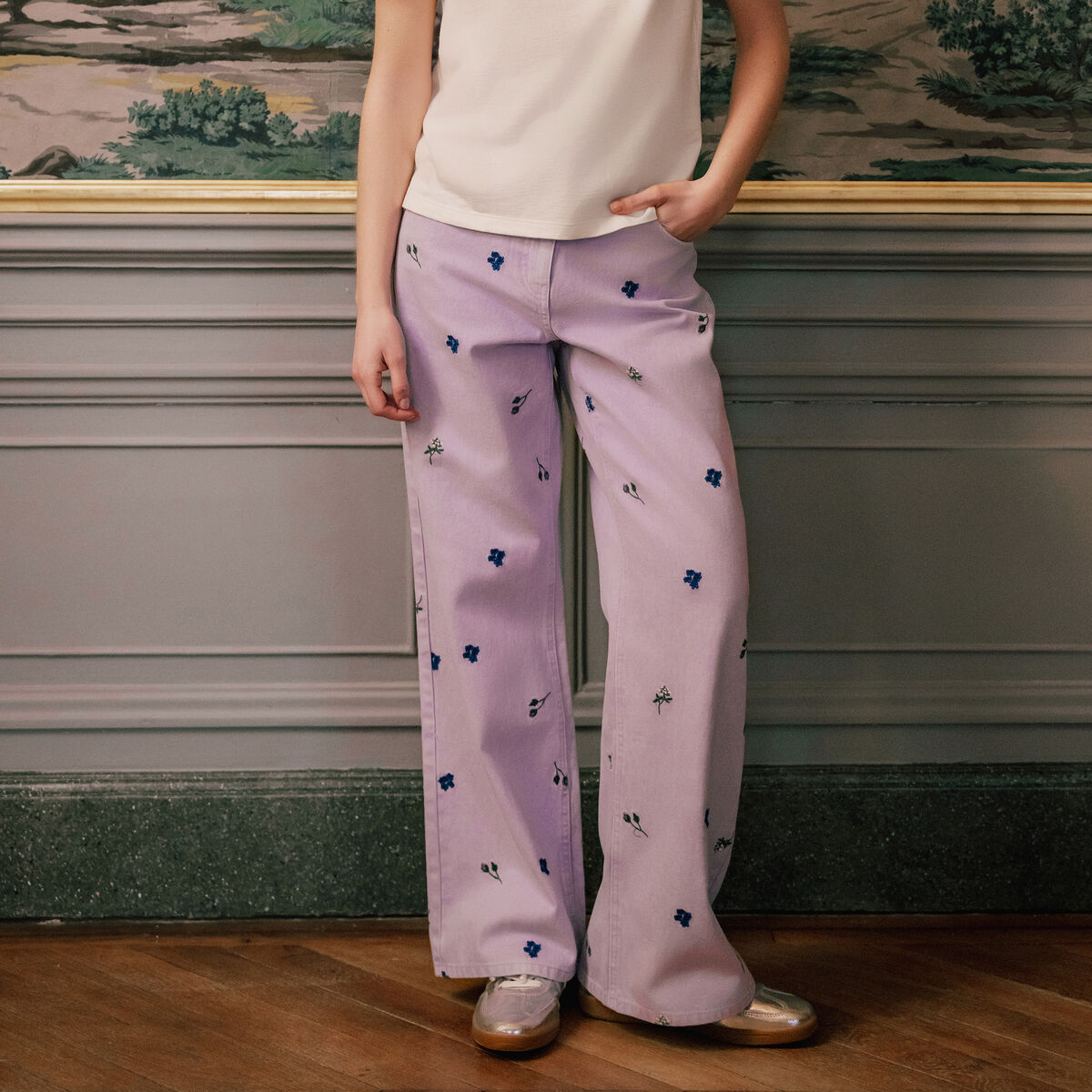 Jean wide leg brod&eacute; Bridgerton mauve femme