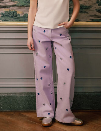 Jean wide leg brod&eacute; Bridgerton mauve femme
