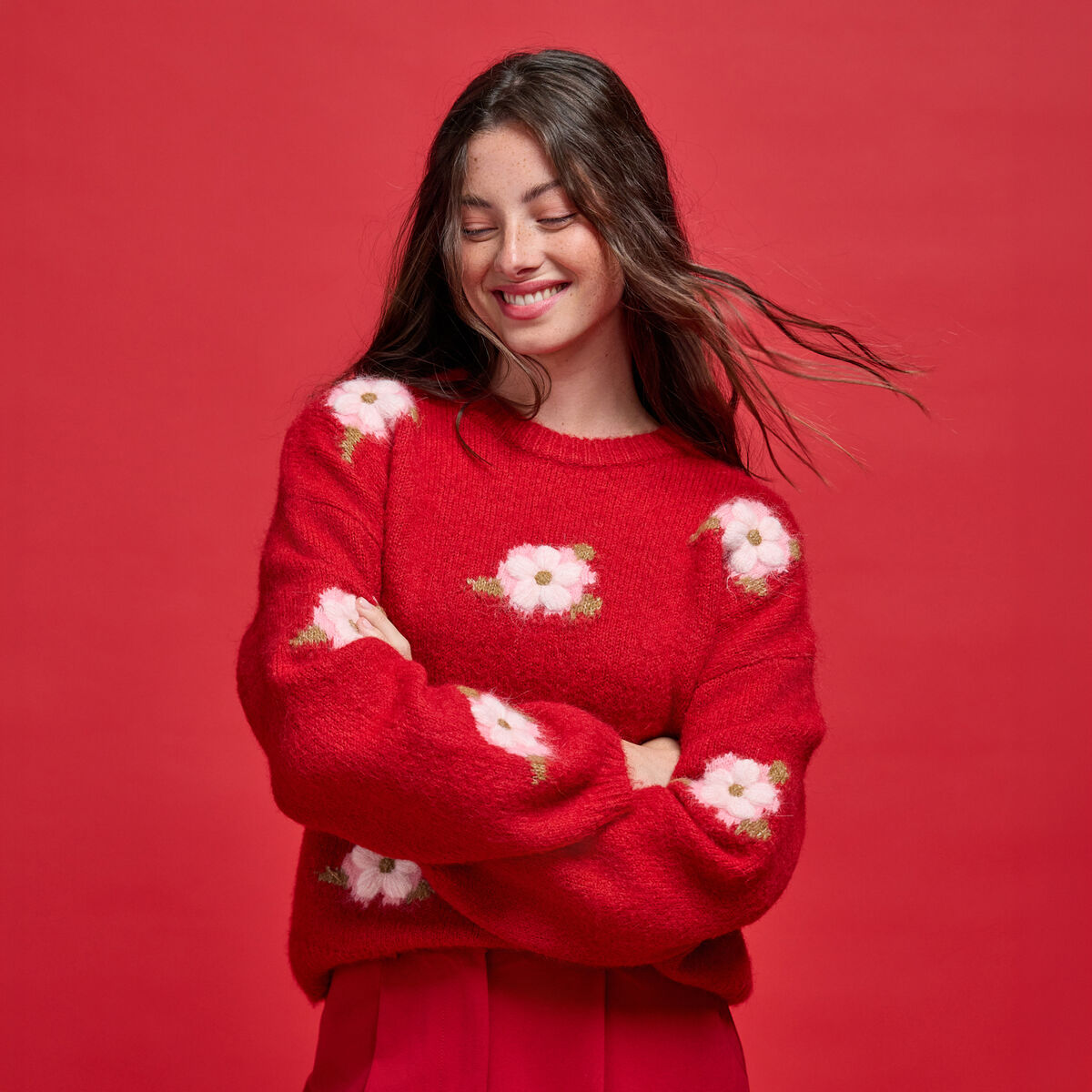 Pull ample col rond manches longues rouge femme