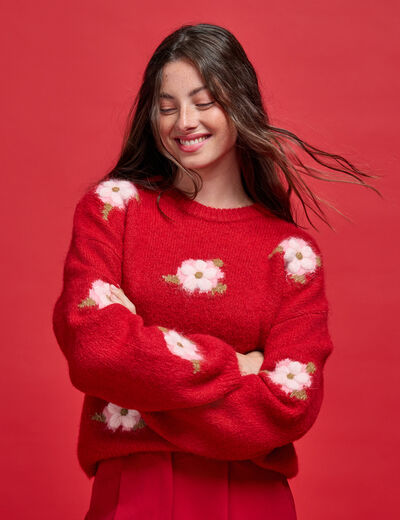 Pull ample col rond manches longues rouge femme