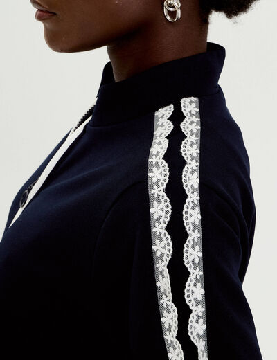 Veste zipp&eacute;e d&eacute;tail dentelle bleu marine femme