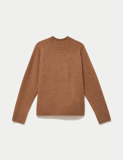 Pull col montant manches longues camel femme