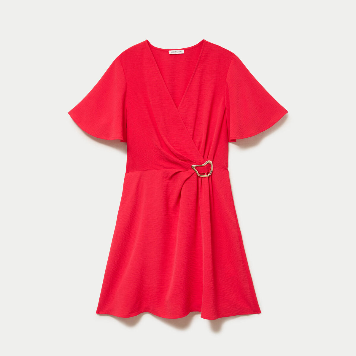 Robe courte &eacute;vas&eacute;e col v manches courtes rouge femme