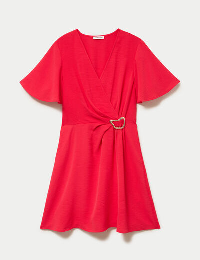 Robe courte &eacute;vas&eacute;e col v manches courtes rouge femme