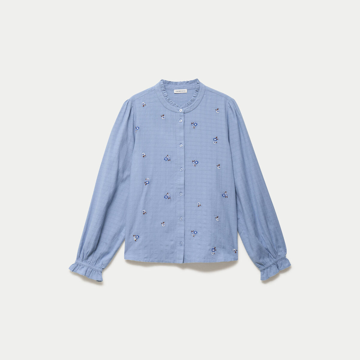 Blouse droite courte broderie bleu femme
