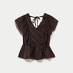 Blouse d&eacute;collet&eacute; voile manches courtes marron fonc&eacute; femme
