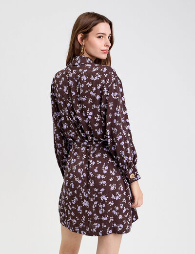 Robe courte droite col chemise marron fonc&eacute; femme