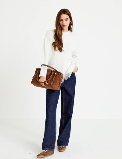 Pull manches longues avec dentelle ecru femme