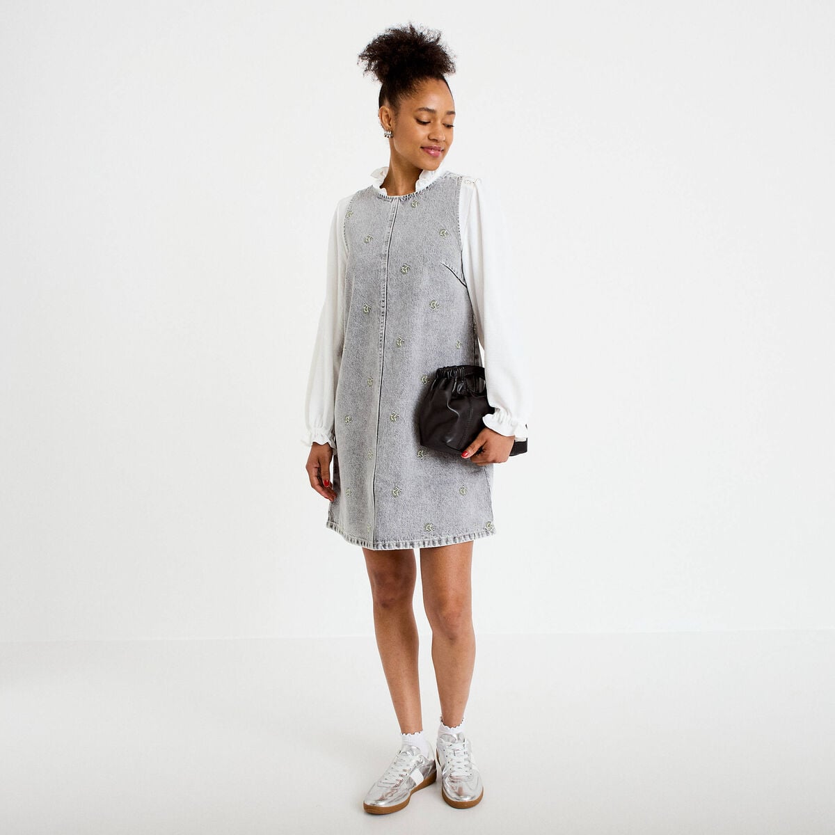 Robe courte droite en jean sans manches denim gris femme
