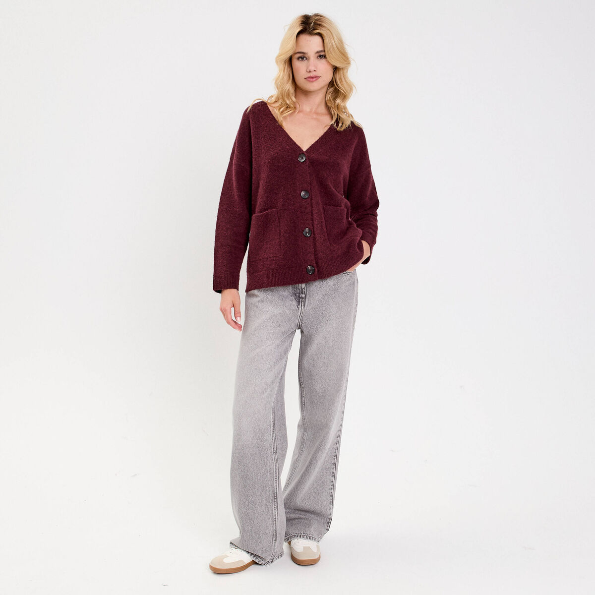 Gilet col v violet fonc&eacute; femme
