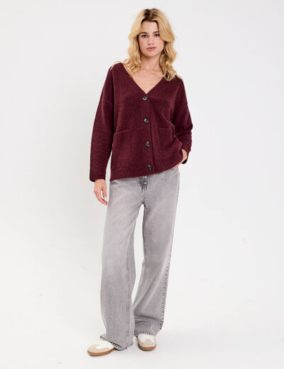 Gilet col v violet fonc&eacute; femme