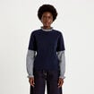 Pull 2-en-1 col rond manches vichy bleu marine femme