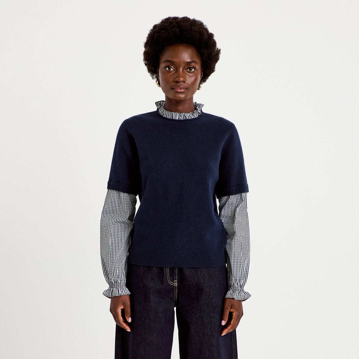Pull 2-en-1 col rond manches vichy bleu marine femme