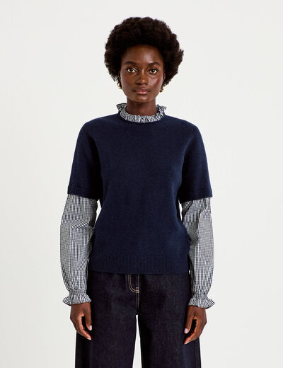 Pull 2-en-1 col rond manches vichy bleu marine femme