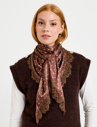 Foulard satin&eacute; avec dentelle marron fonc&eacute; femme