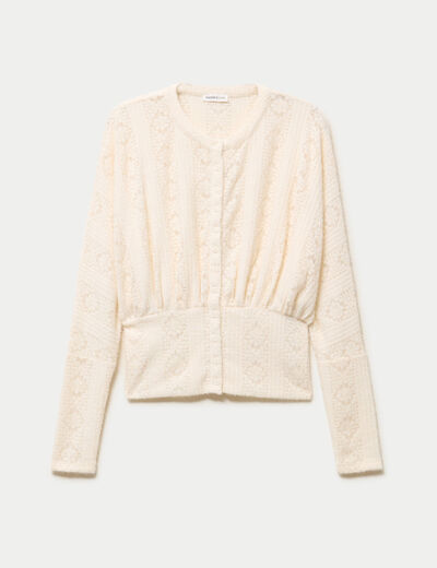 Gilet cintr&eacute; dentelle col rond ivoire femme