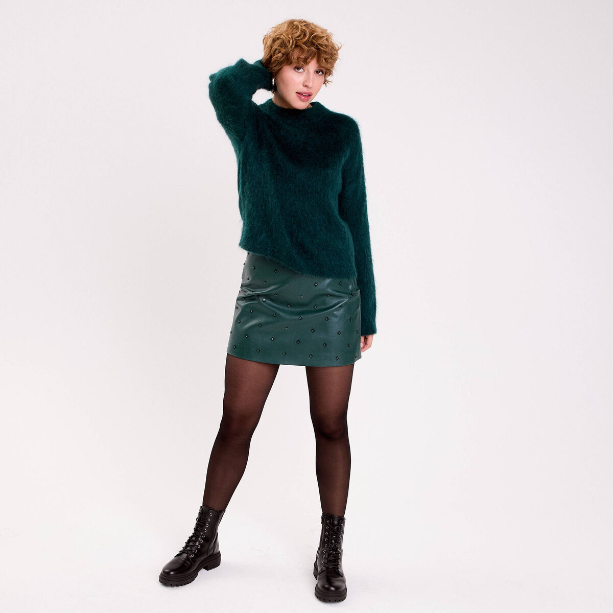 Jupe en similicuir avec strass vert fonc&eacute; femme