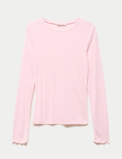 T-shirt ajust&eacute; col rond manches longues rose clair femme