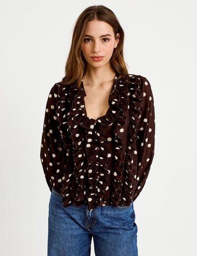 Blouse droite col v manches longues marron femme