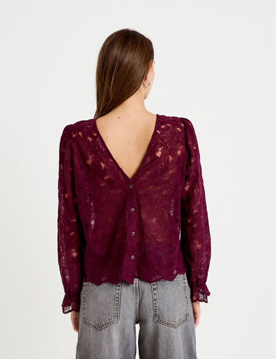 Blouse droite col v en dentelle prune femme